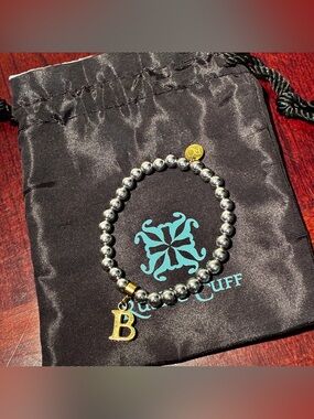 Rustic Cuff Shiny Metal Beads and B Charm